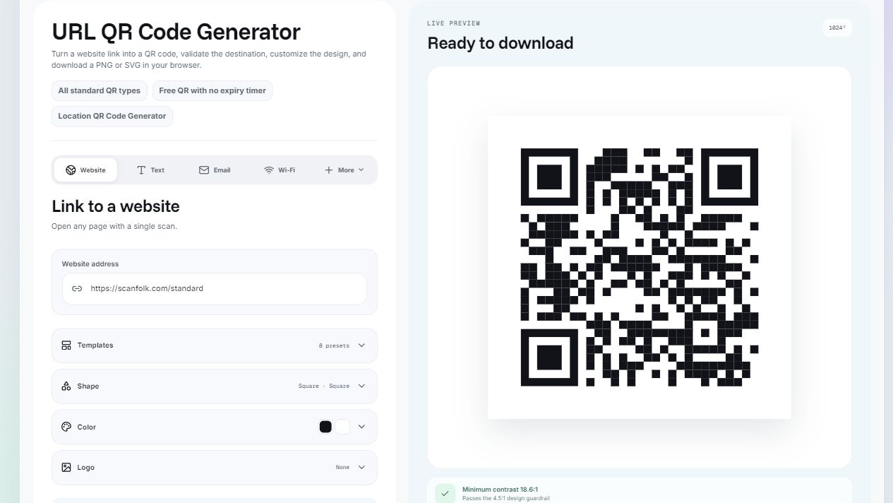 Scanfolk URL generator with https://scanfolk.com/standard in the Website address field and a black Square QR preview