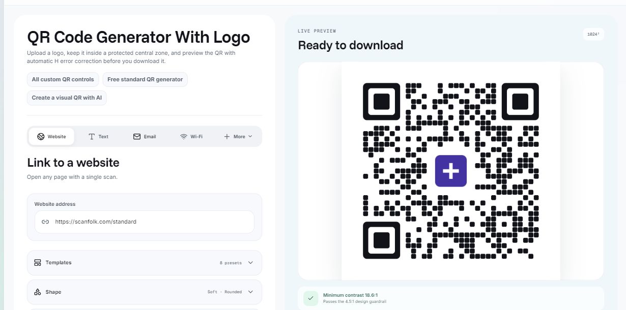Scanfolk logo QR generator with a synthetic plus logo and the public Standard page URL