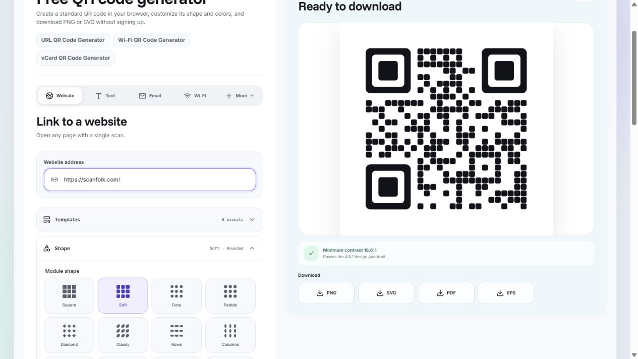 Scanfolk Standard website QR example with tracking off and download controls