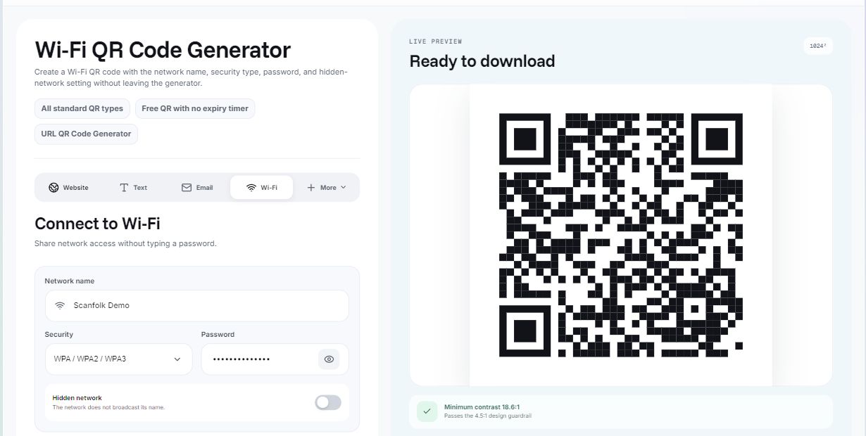 Scanfolk Wi-Fi generator with synthetic Scanfolk Demo network, masked demo password and Square QR preview