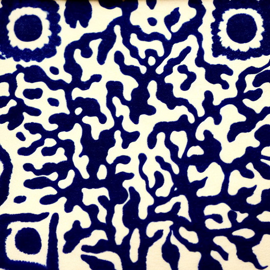 Indigo Washi abstract Creative QR with connected blue forms on warm paper