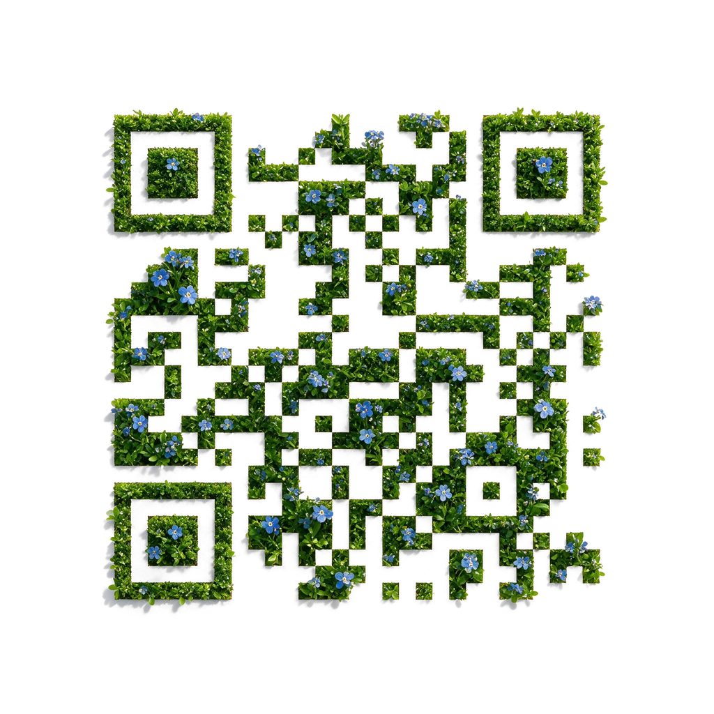 Forget-me-not Creative QR with blue flowers woven through connected modules