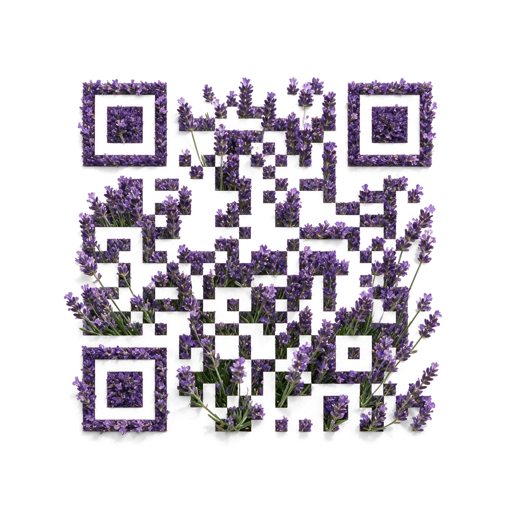 Lavender Creative QR with purple flower stems integrated into connected modules