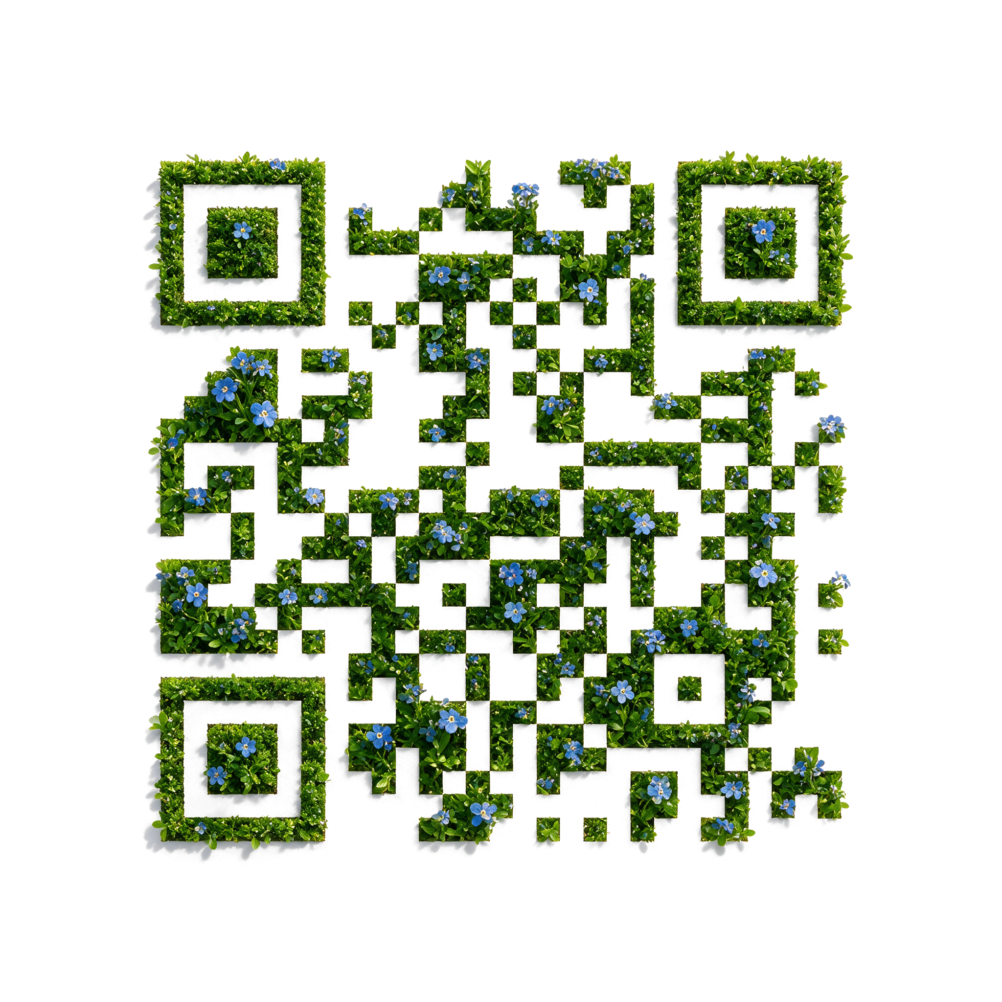 Forget-me-not Creative QR with blue flowers woven through connected modules