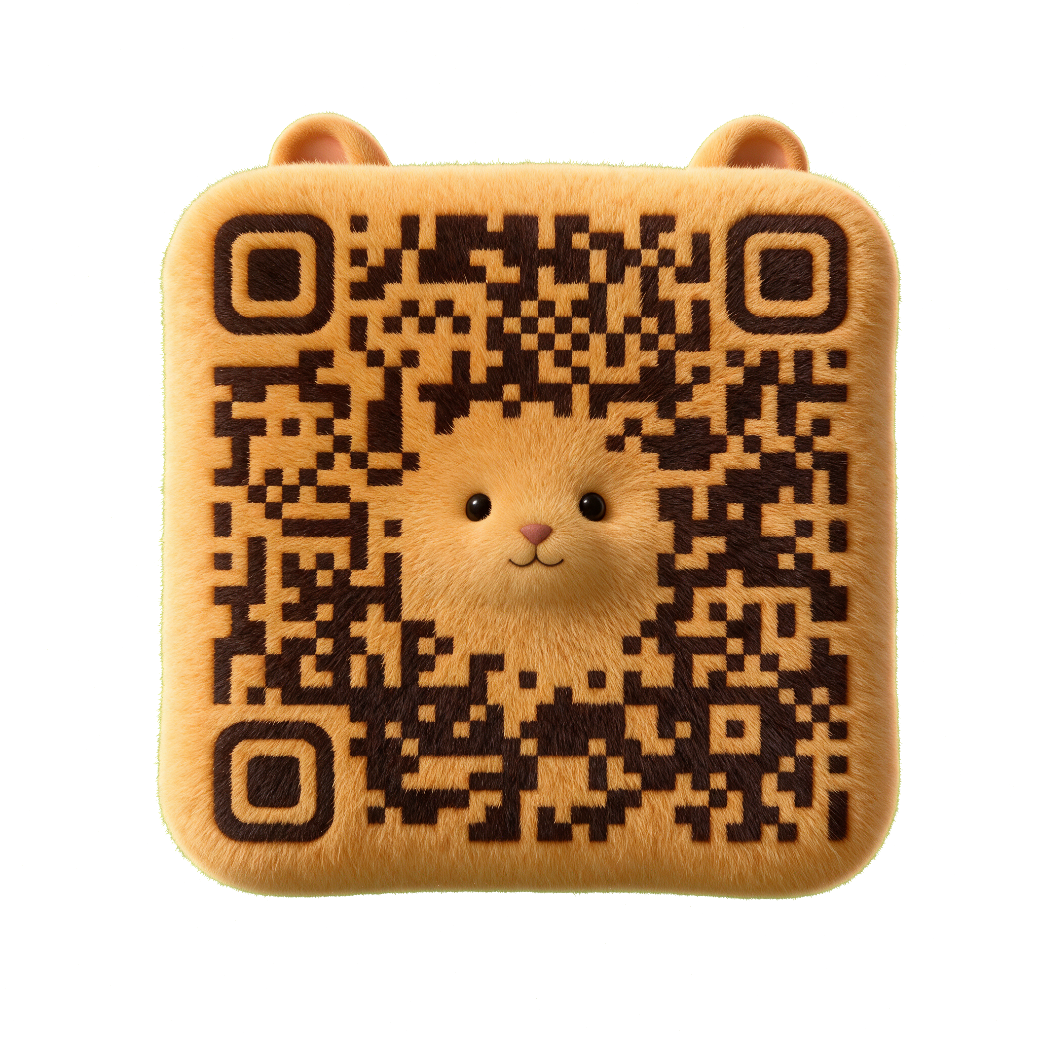 Hamster-shaped Creative QR with connected brown modules and soft ginger fur